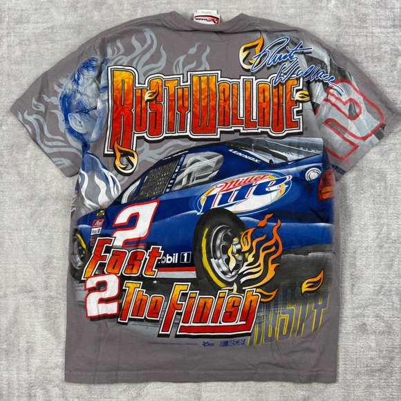 Rusty Wallace Shirt Mens Medium Gray Vtg All Over Print Chase Authentics Racing - Picture 6 of 12